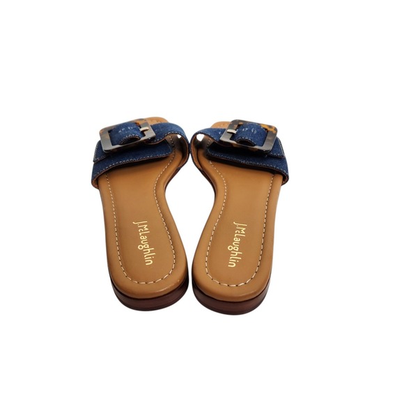 J. McLAUGLIN Shoes Womens 9.5 Blue Denim Bella Slide Sandal Tortoise Buckle Flat - Picture 6 of 9